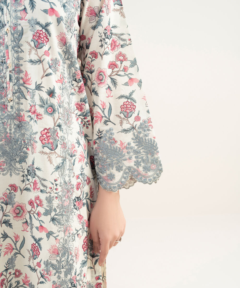 Women's RTW Slub Lawn Embroidered Off White A-Line Shirt