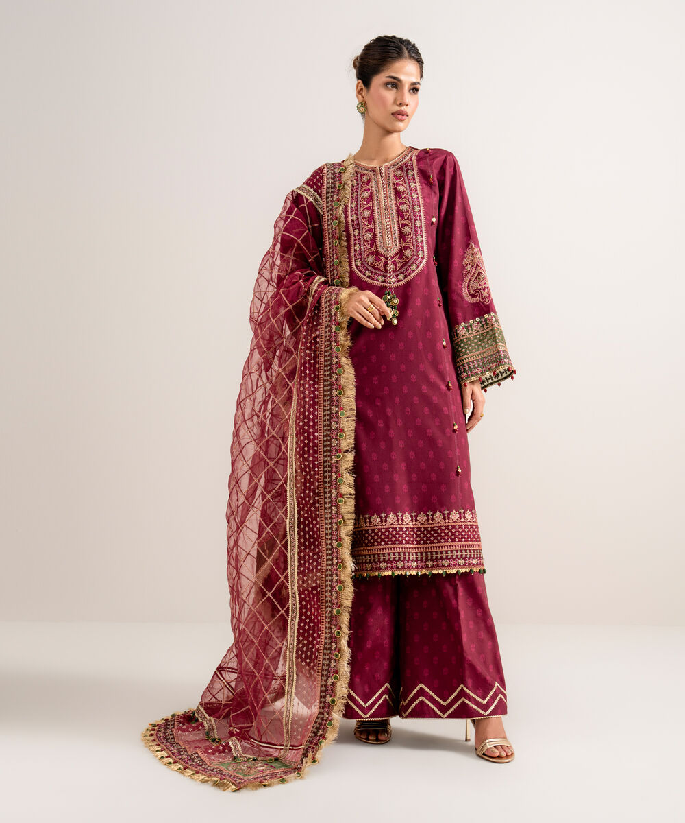 Women's Unstitched Printed Blended Grip Silk Plum 3 Piece Suit