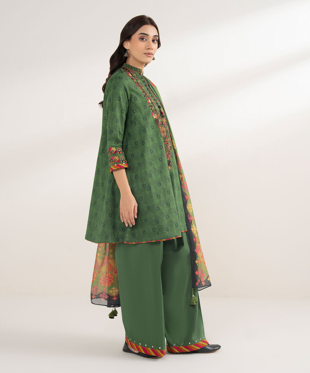 Women's Unstitched Cotton Embroidered Green 3 Piece Suit