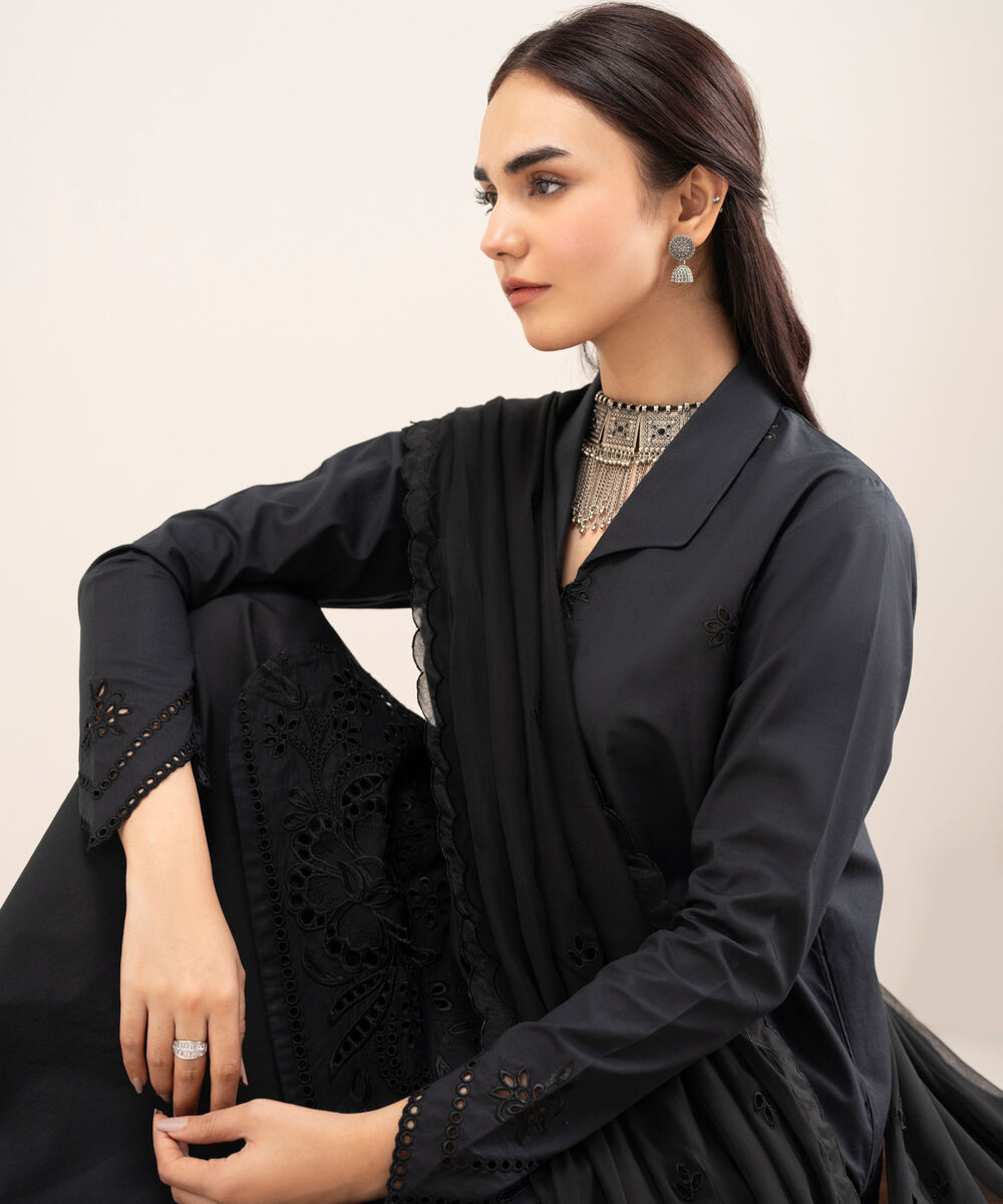 Women's Unstitched Textured Lawn Embroidered Black 3 Piece Suit
