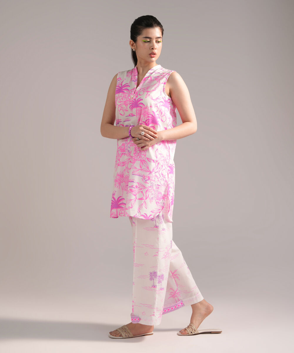 Women's RTW Dobby Printed White 2 Piece Suit