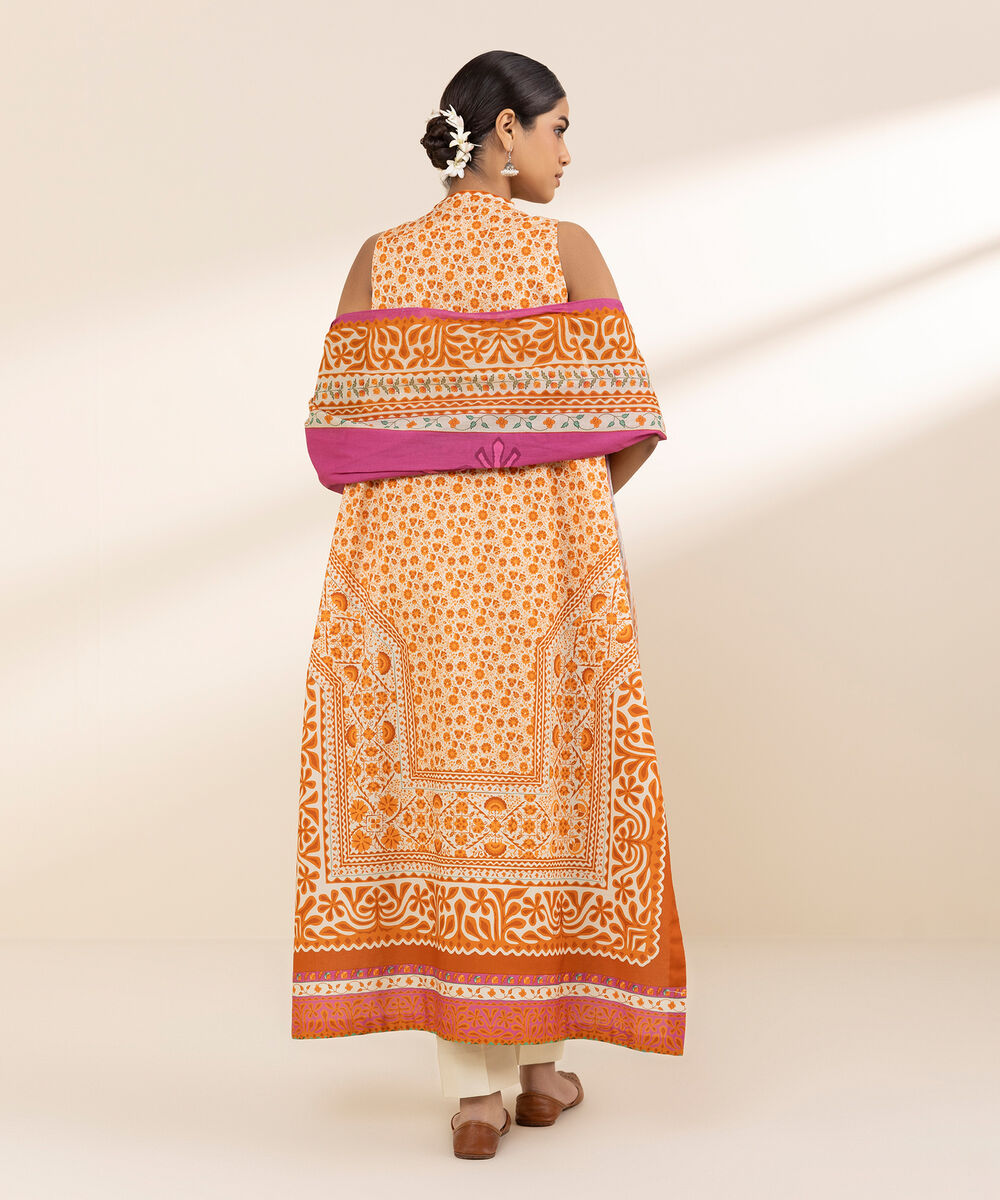 Women's Unstitched Lawn Printed Orange 3 Piece Suit