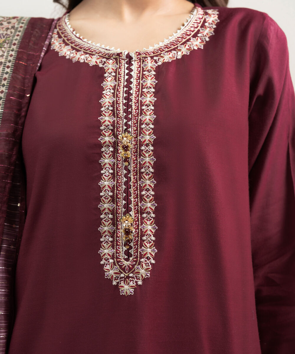 Women's RTW Viscose Raw Silk Embroidered Maroon 3 Piece Suit