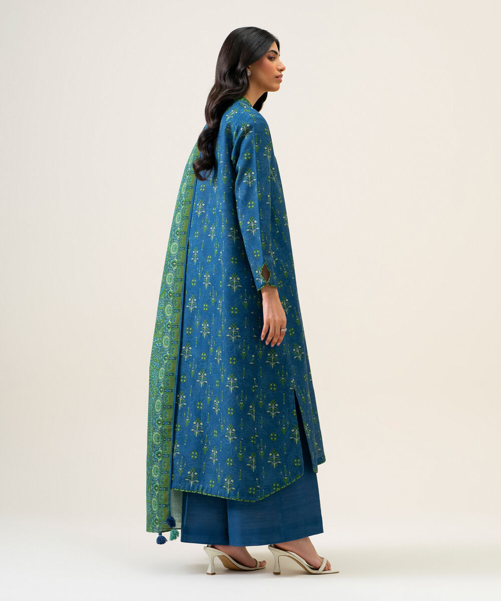 Womens Unstitched Light Khaddar Printed Teal Blue And Green 3 Piece Suit
