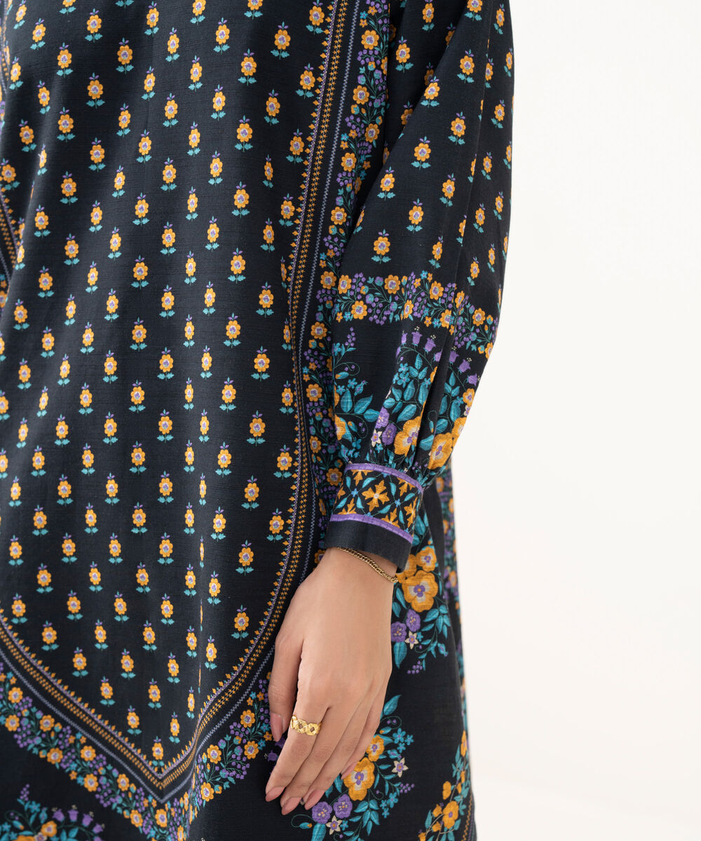 Women's Unstitched Khaddar Printed Black 3 Piece Suit