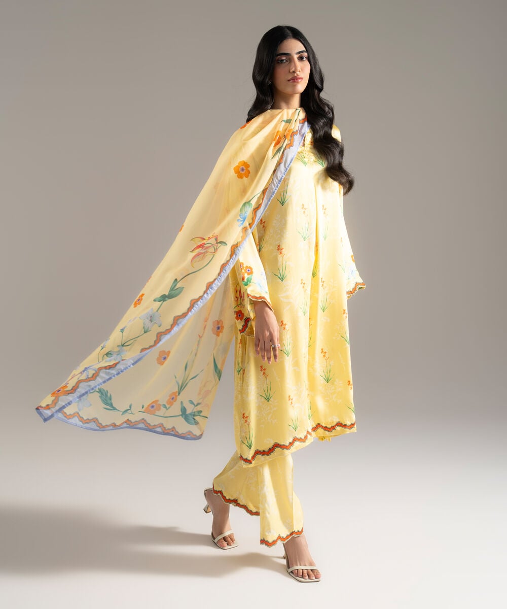 Women's RTW White Featheer Chamoz Printed Pale Yellow 3 Piece Suit