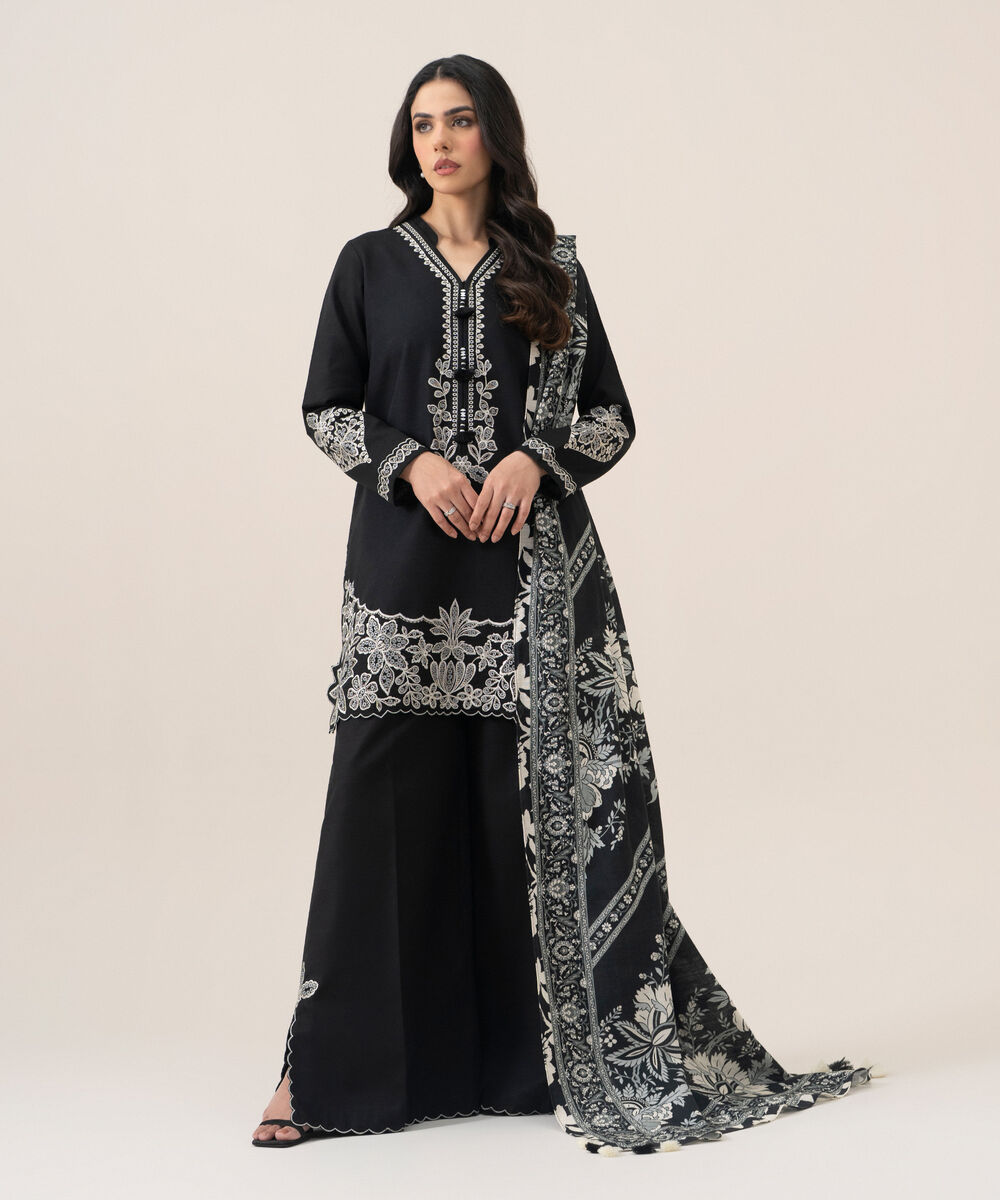 Women's Unstitched Lawn Embroidered Black 3 Piece Suit