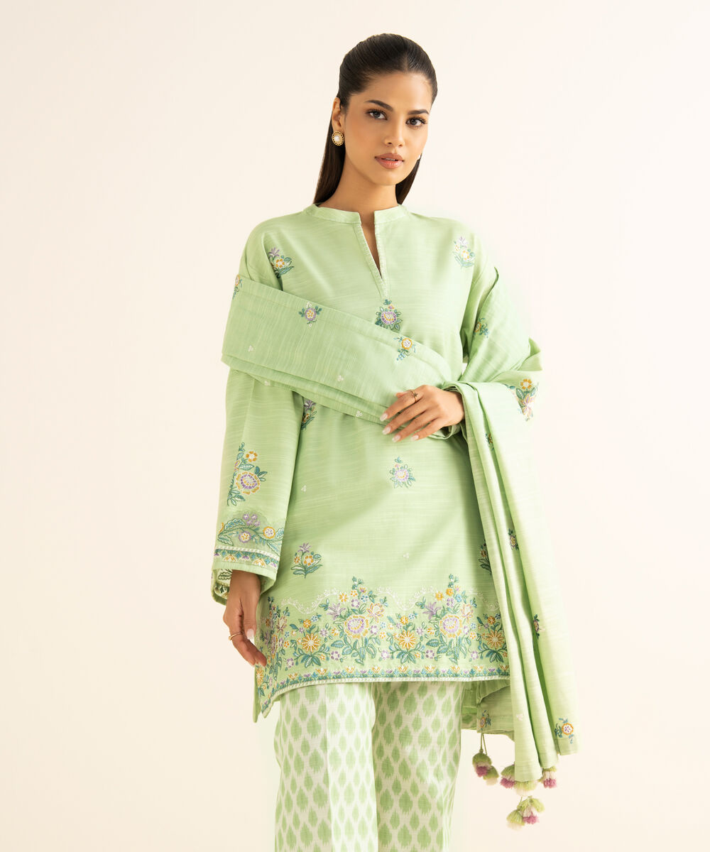 Women's Unstitched Cotton Embroidered Green 3 Piece Suit