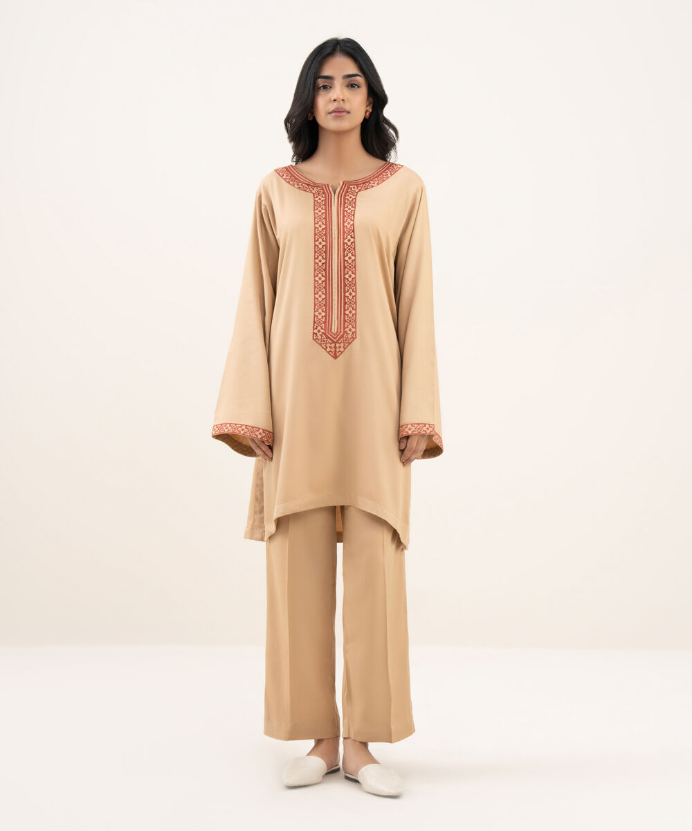 Women's RTW Bedford Embroidered Straight Beige Shirt