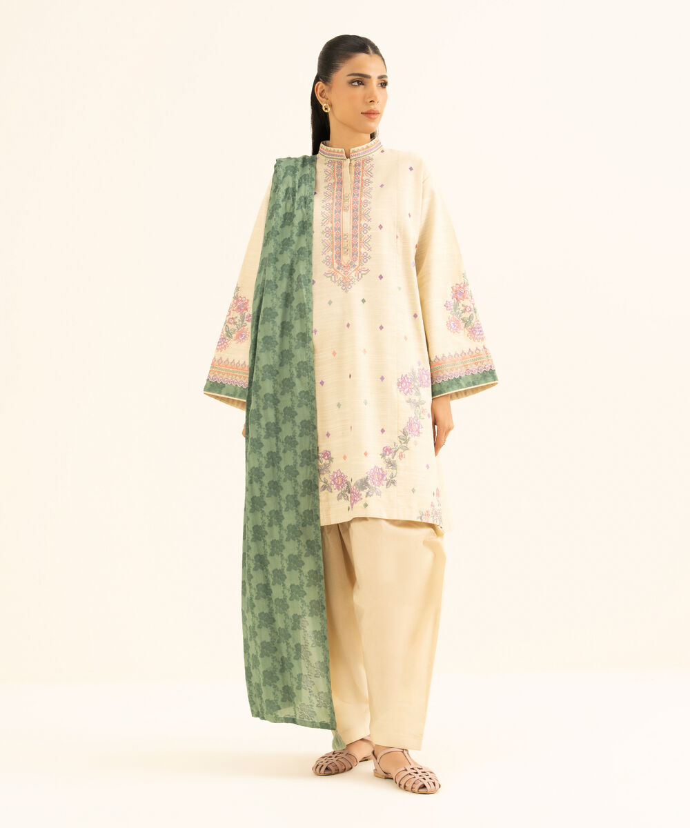 Women's Unstitched Khaddar Embroidered Beige 3 Piece Suit