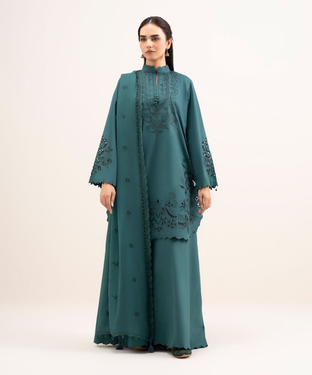 Women's Unstitched Textured Lawn Embroidered Green 3 Piece Suit