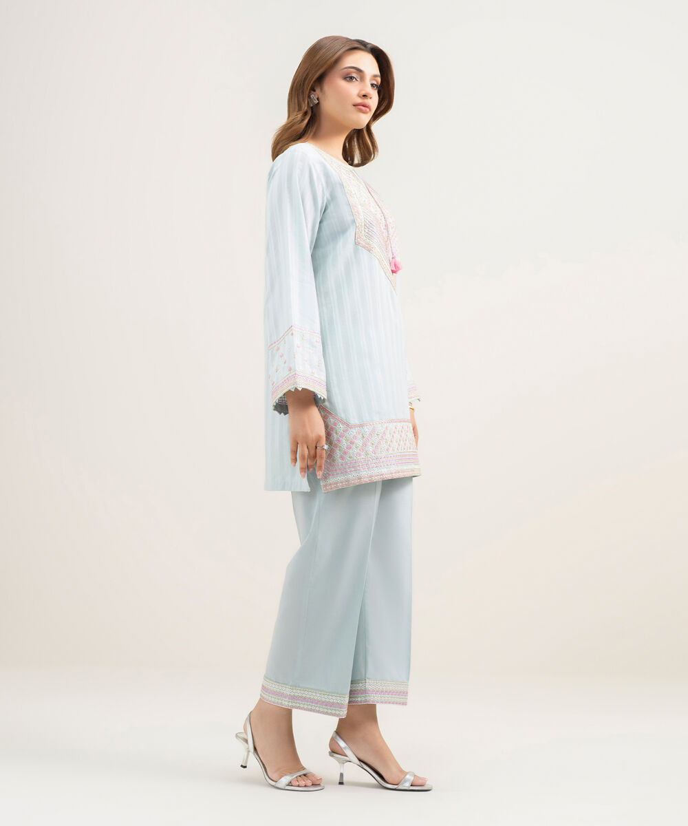 Women's RTW Dobby Embroidered Ice Blue 2 Piece Suit