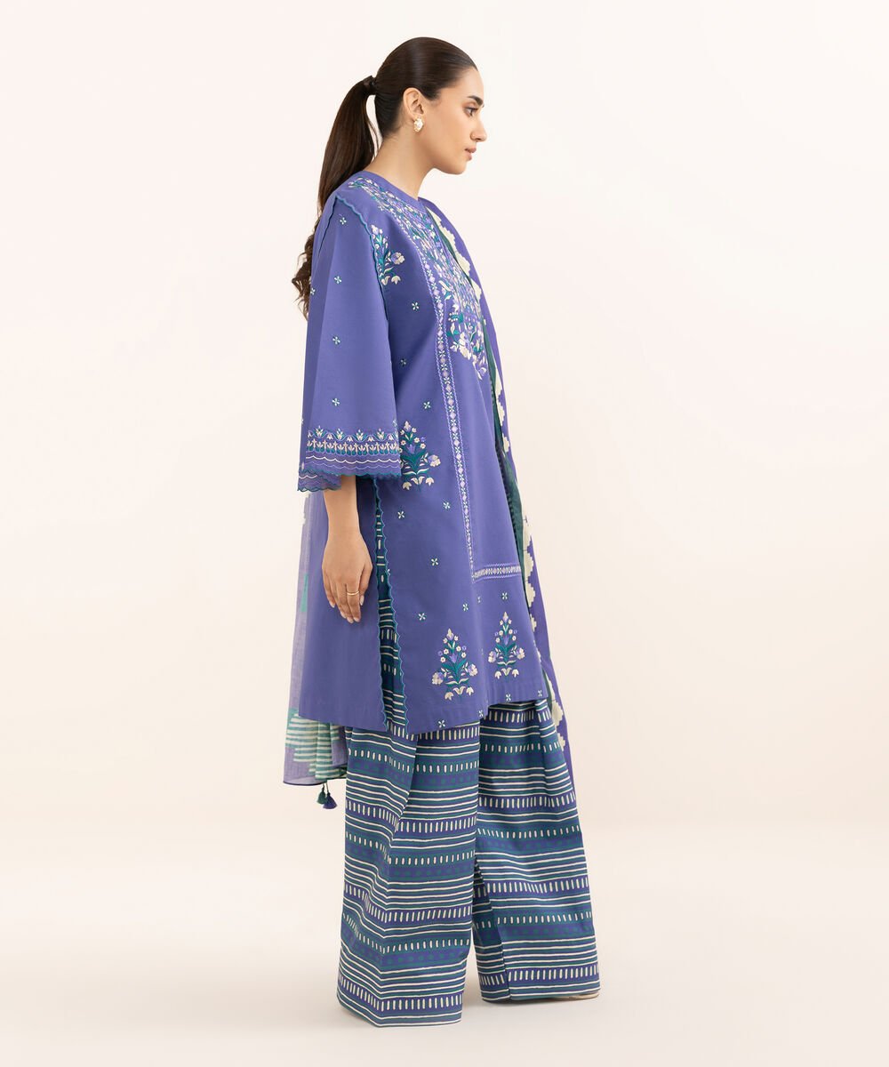 Women's Unstitched Textured Lawn Embroidered Blue 3 Piece Suit