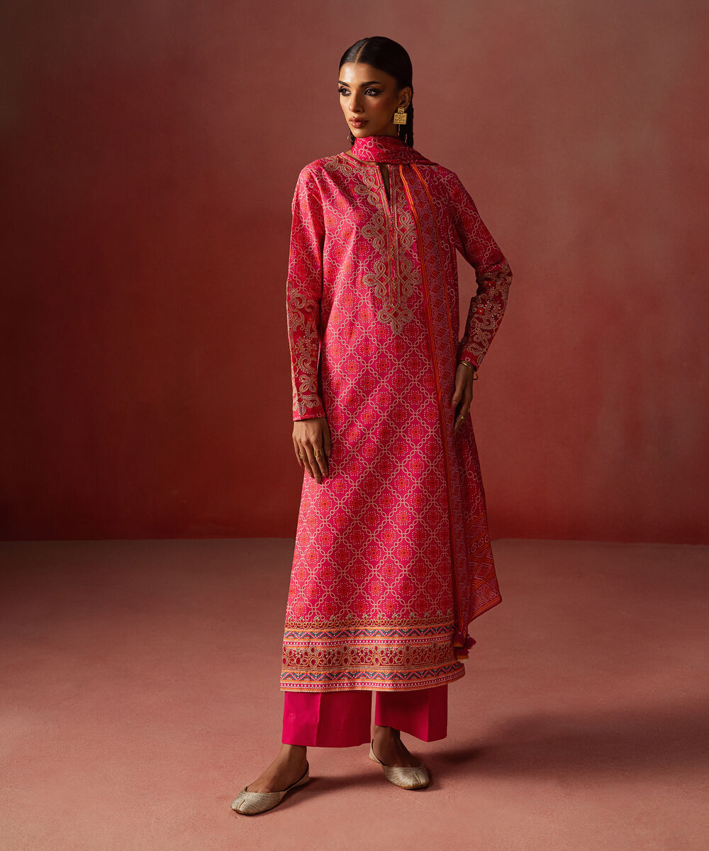 Women's Unstitched Lawn Embroidered Pink 3 Piece Suit