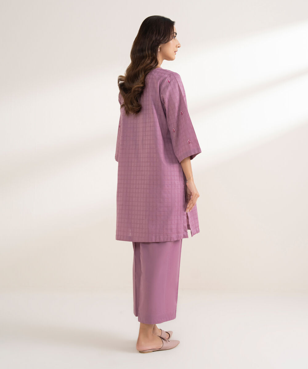 Women's RTW Textured Cotton Embroidered Straight Lilac Shirt