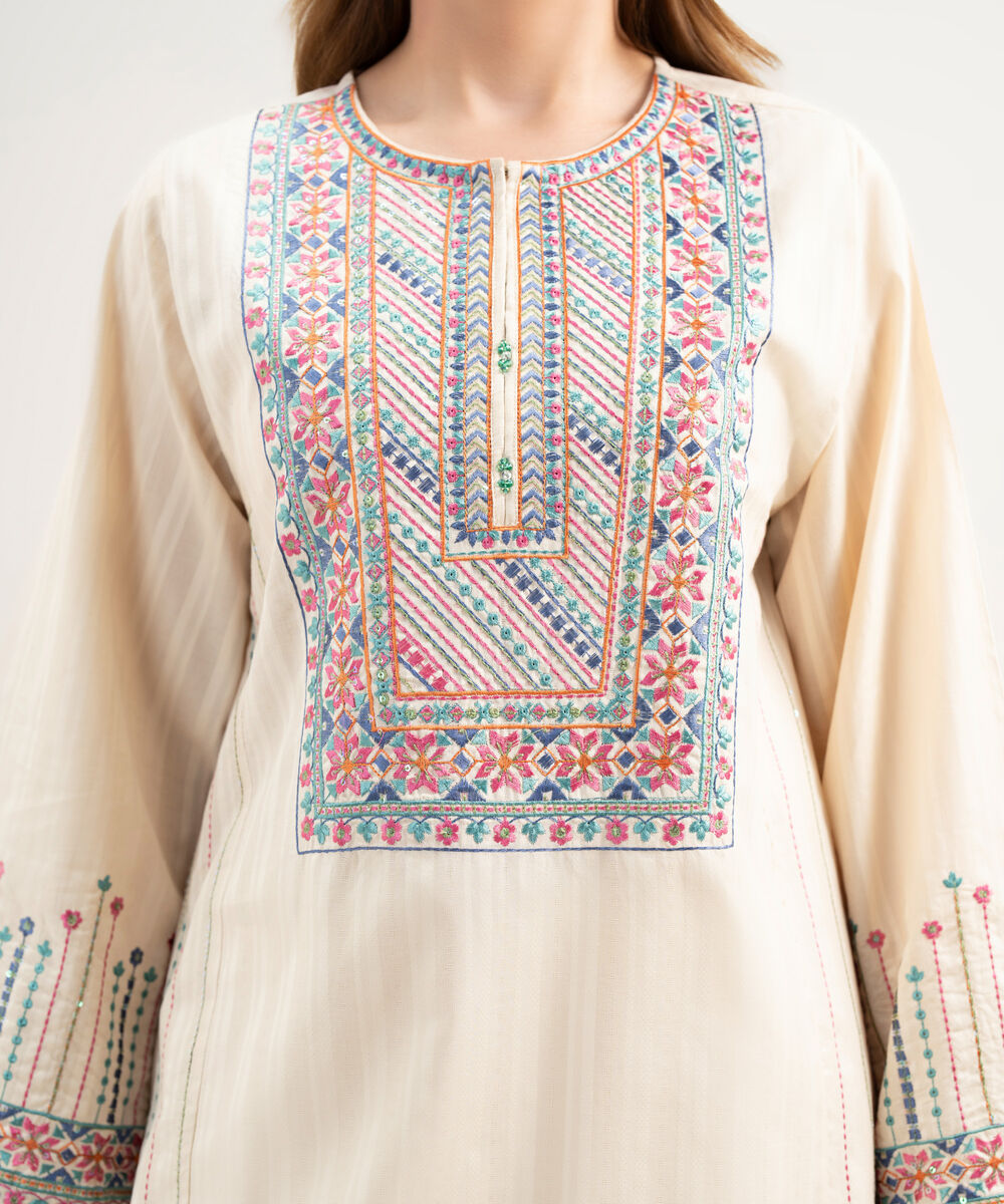 Women's RTW Dobby Embroidered Beige 2 Piece Suit