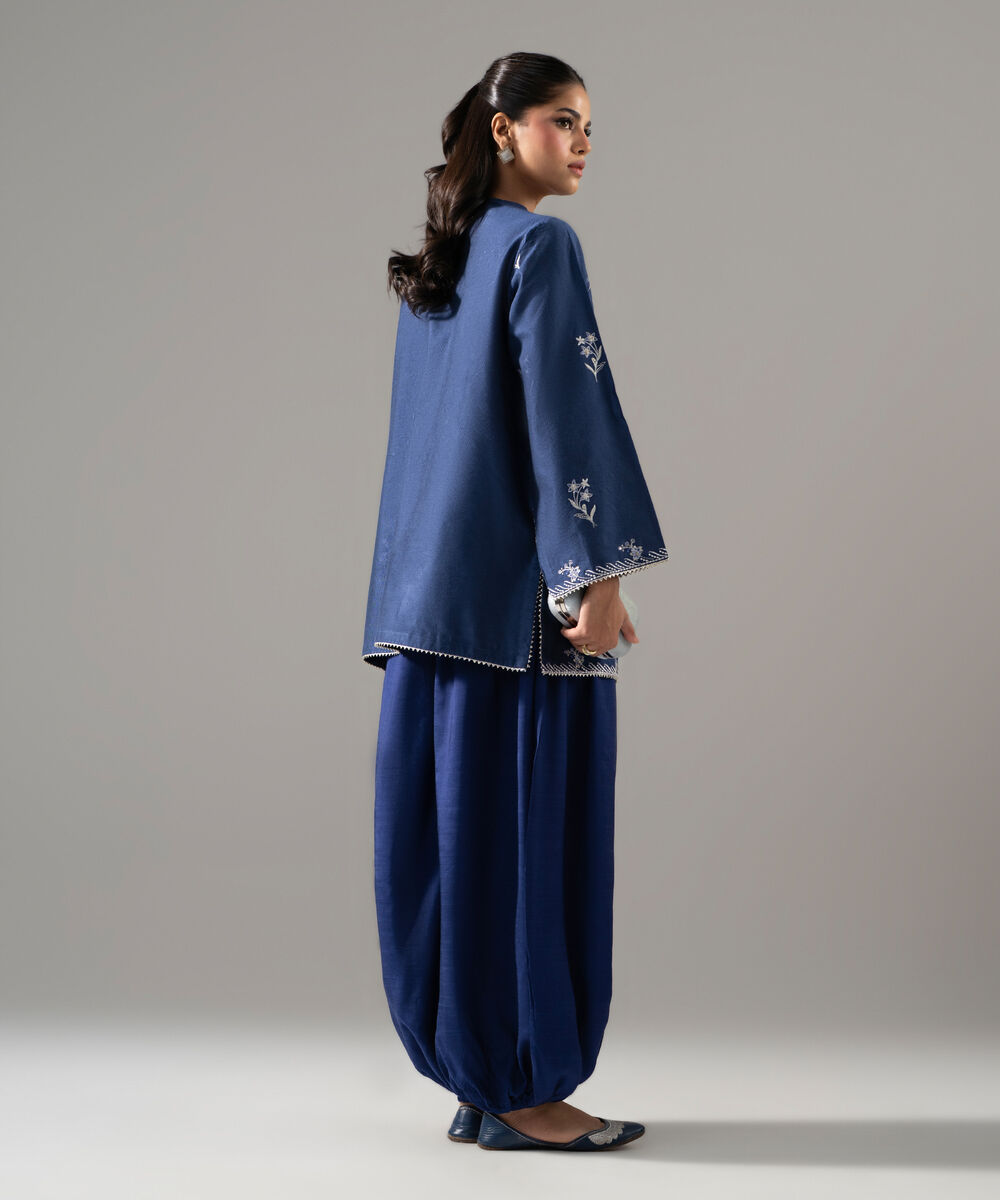 Women's RTW Cotton Net Solid Embroidered Blue 2 Piece Suit