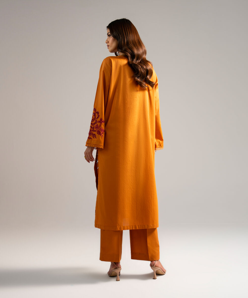 Women's RTW Dobby Embroidered Orange 2 Piece Suit