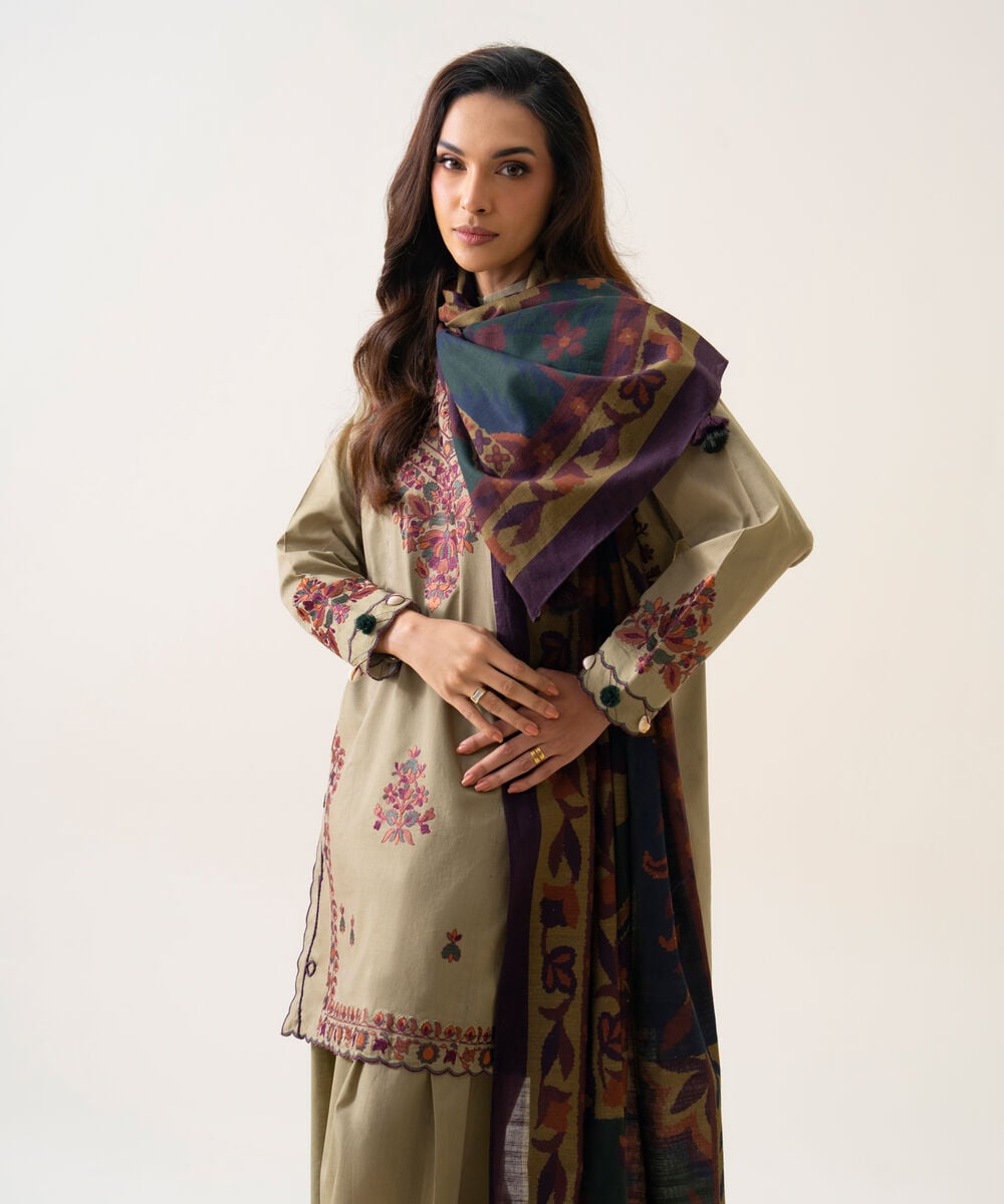 Women's Unstitched Textured Cotton Embroidered Beige 3 Piece Suit