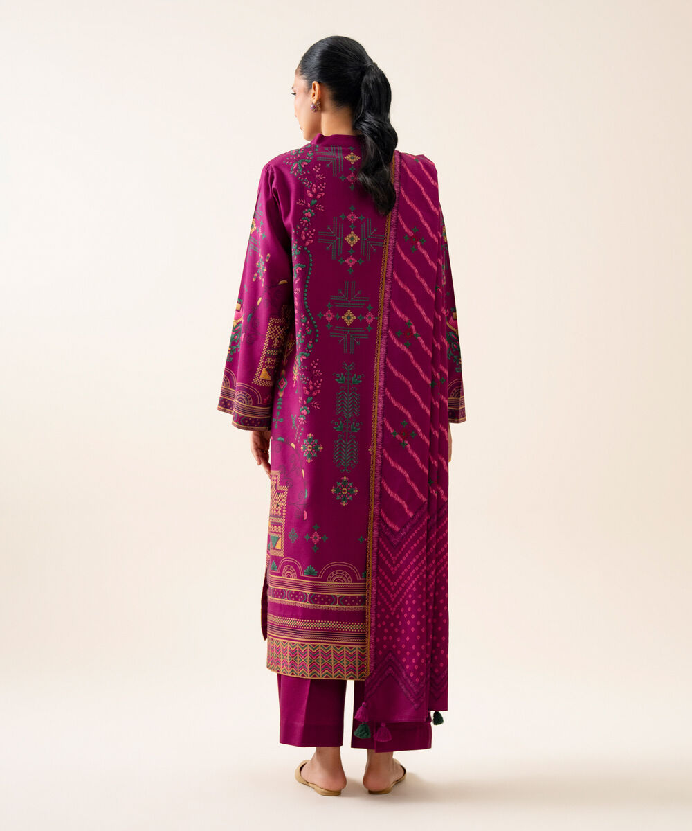 Women's Unstitched Viscose Linen Printed Magenta 3 Piece Suit