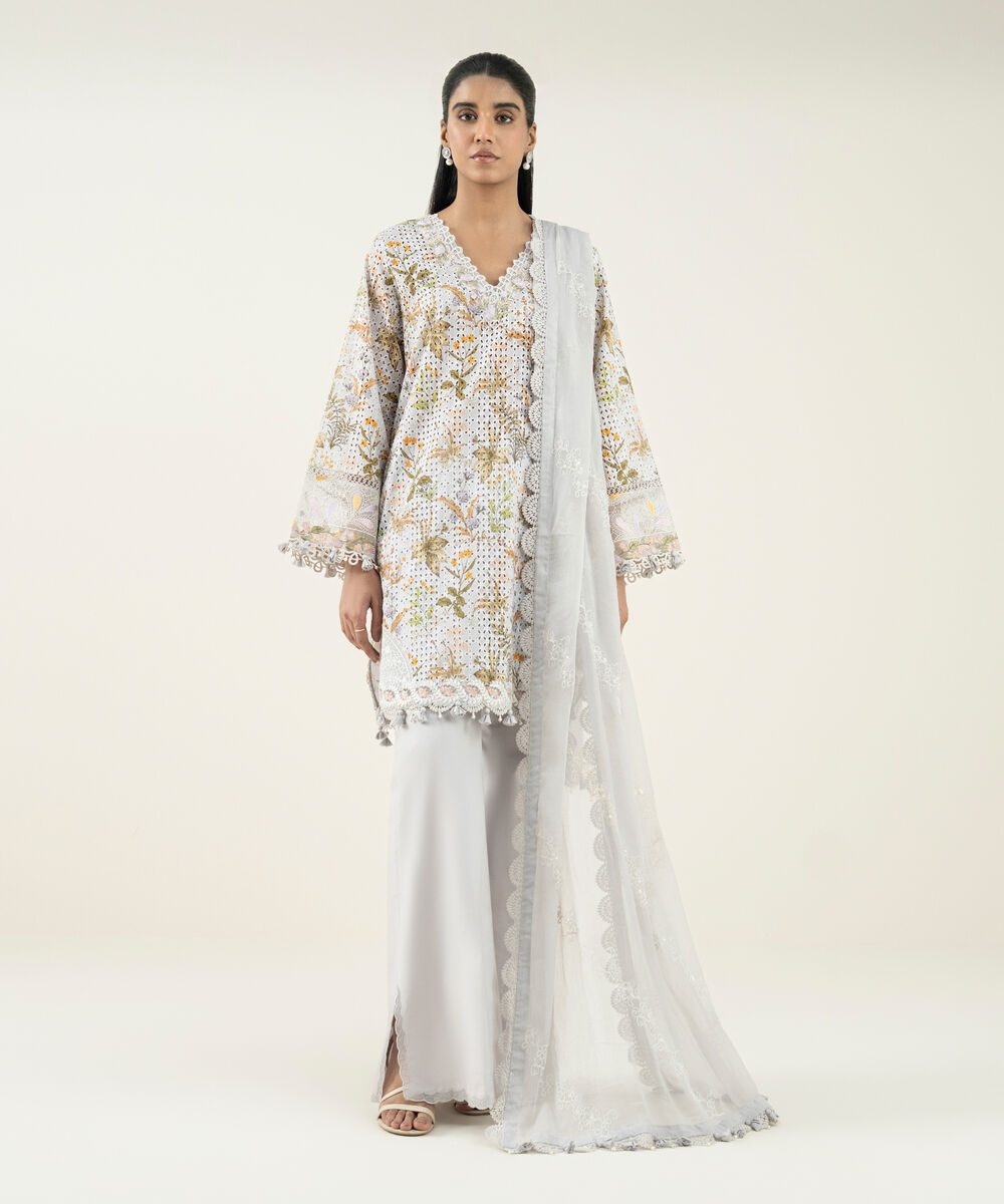 Women's Unstitched Cotton Embroidered Grey 3 Piece Suit