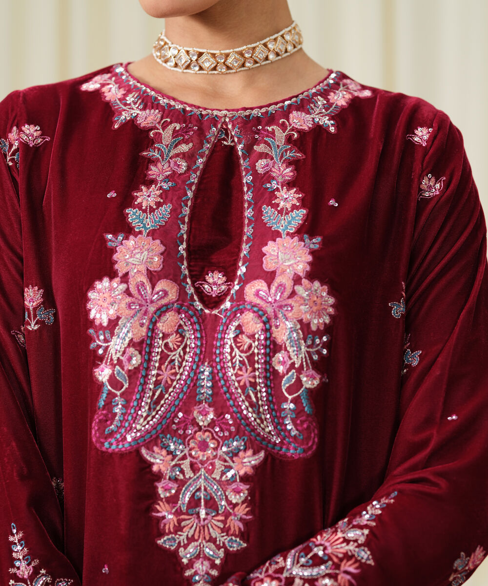 Women's Unstitched Embroidered Velvet Brown 3 Piece Suit