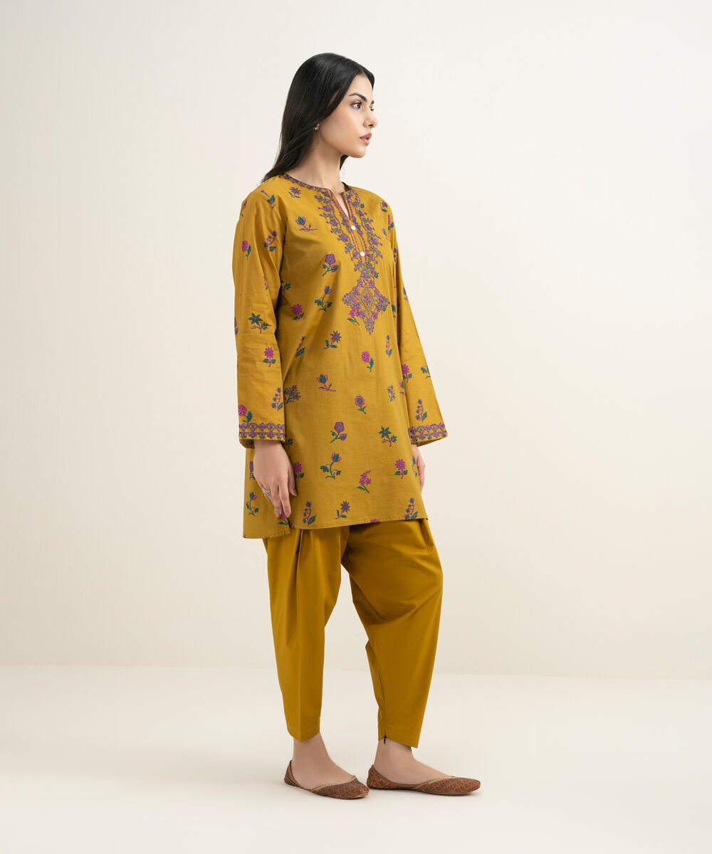 Women's RTW Slub Lawn Embroidered Yellow Straight Shirt
