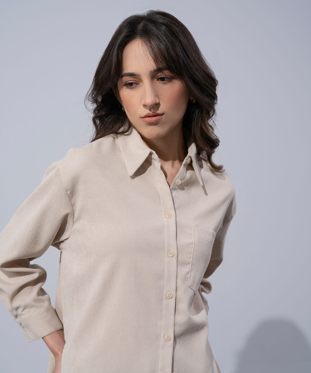 Women's Western Wear Beige Polyester Button Through Corduroy Shirt