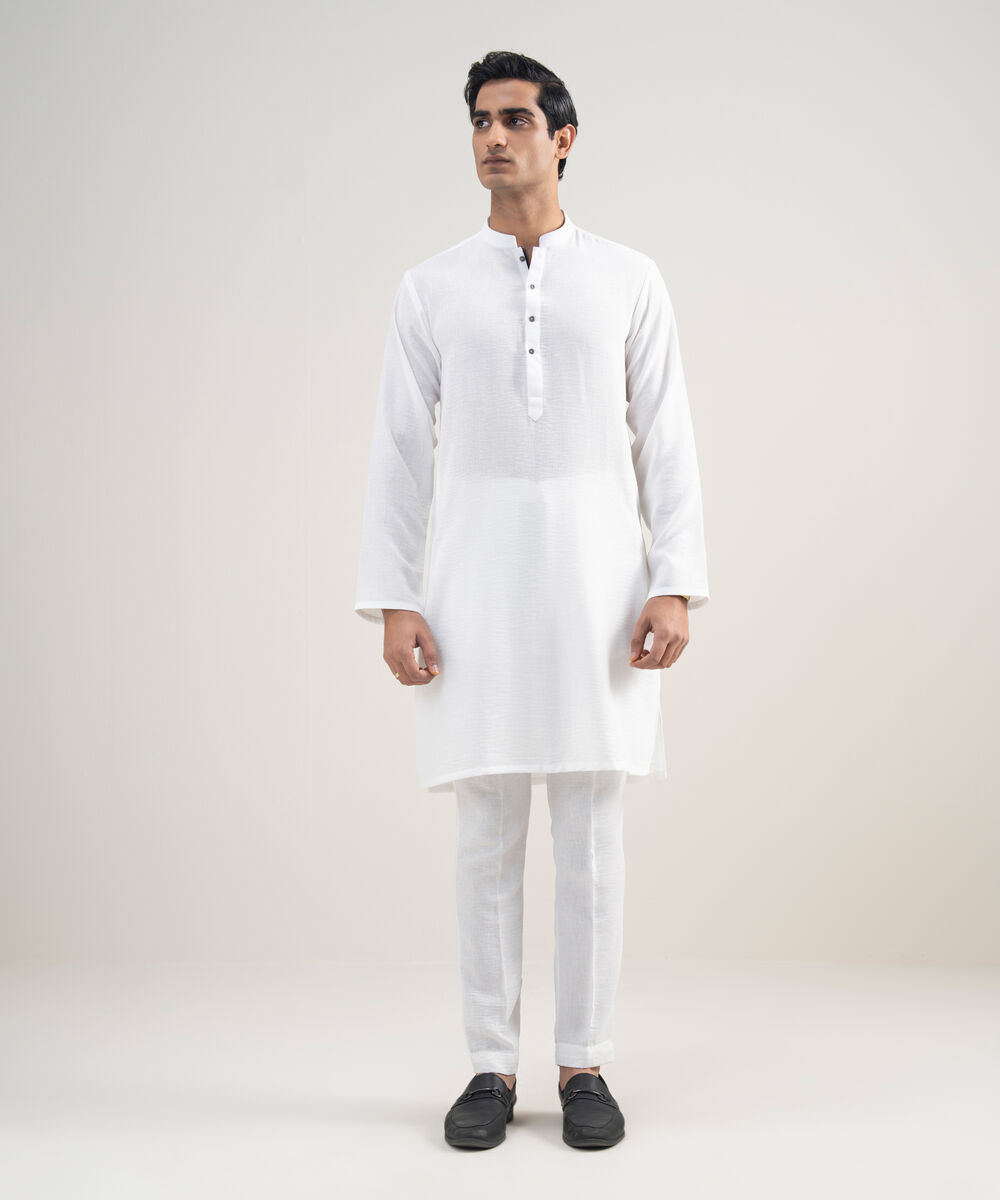 Men's Stitched Blended Linen White Suit