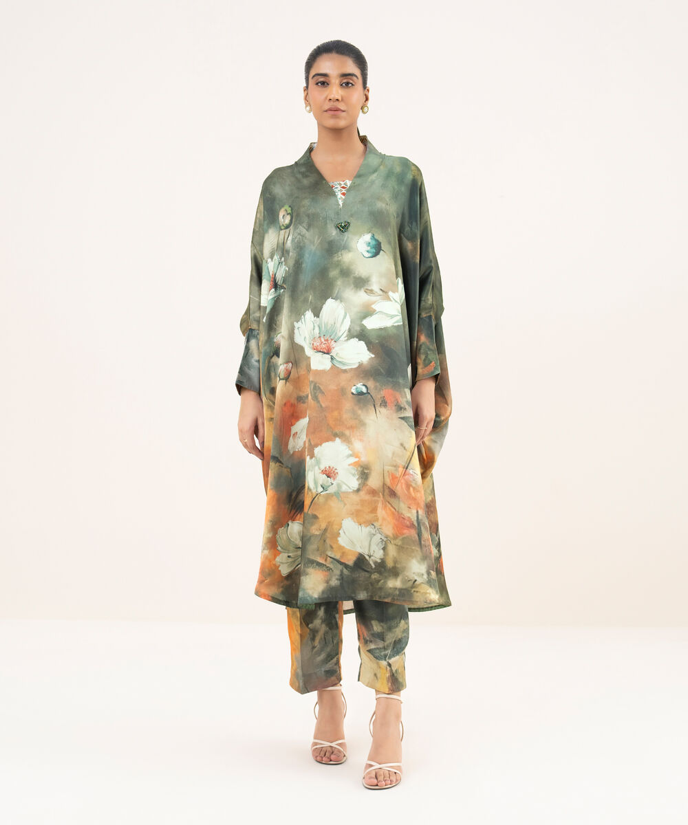 Women's RTW Blended Satin Green Printed Kaftan