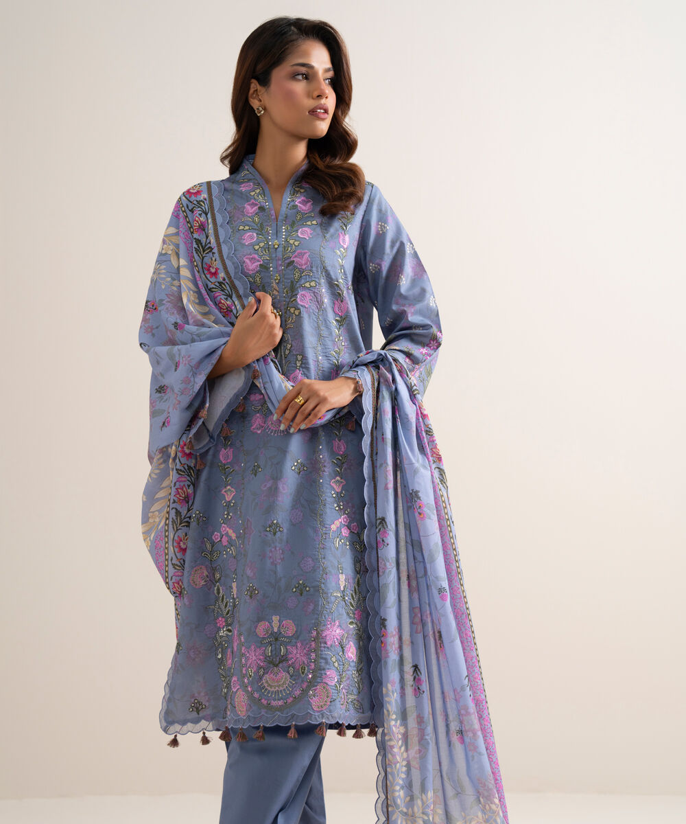 Women's Unstitched Lawn Embroidered Blue 3 Piece Suit