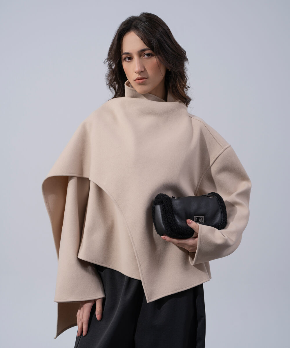Women's Western Wear Beige Polyester Short Coat With Scarf