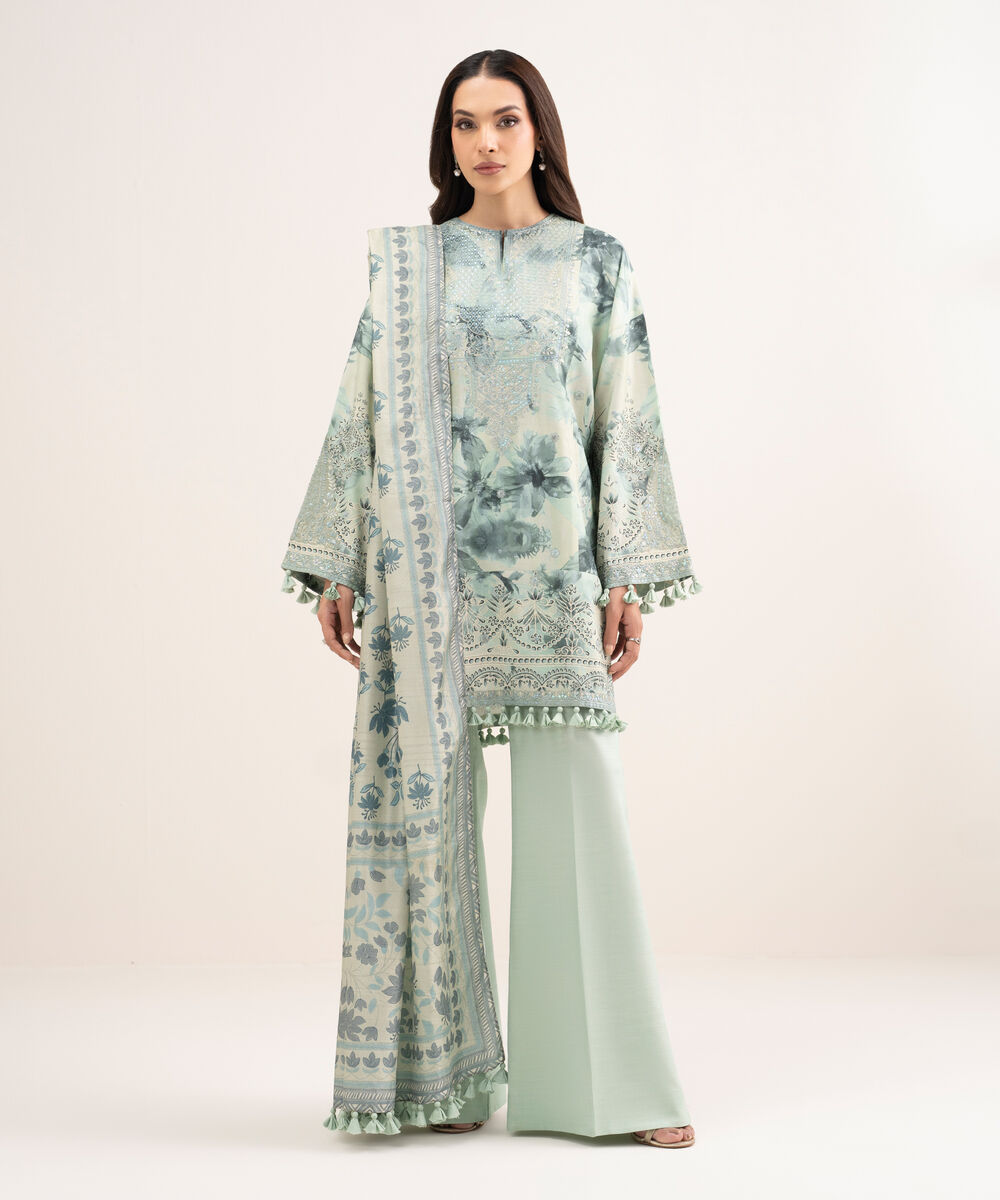 Women's Unstitched Raw Silk Embroidered Green 3 Piece Suit