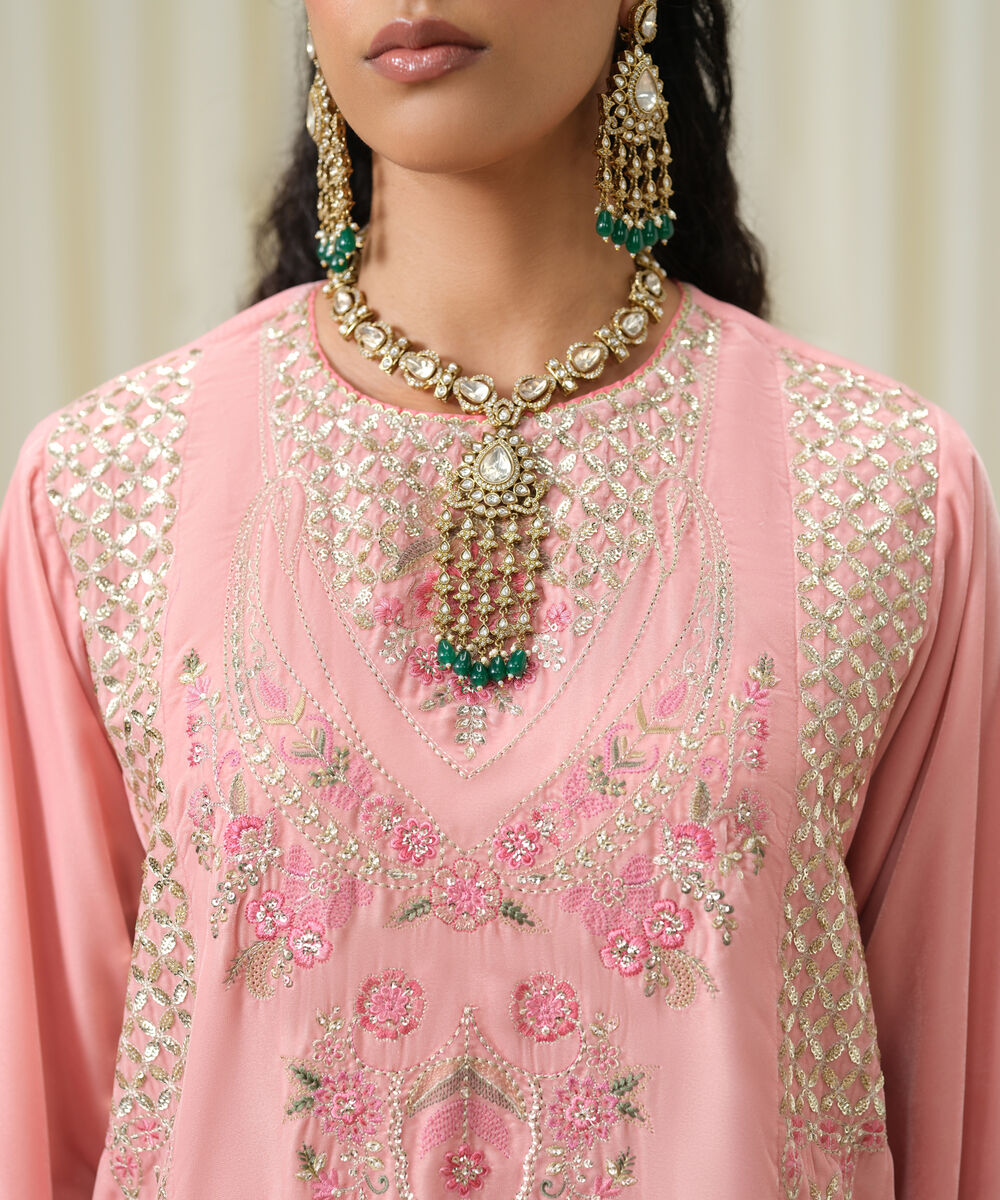 Women's Unstitched Embroidered Velvet Pink 3 Piece Suit