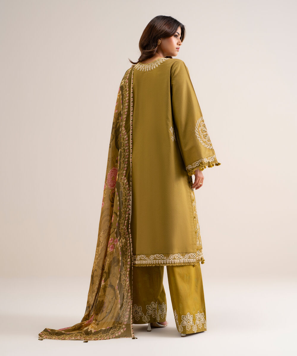 Women's Unstitched Embroidered Dobby Olive Green 3 Piece Suit