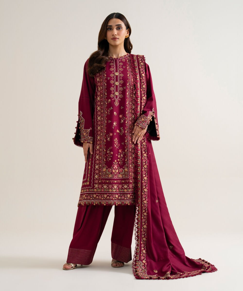 Womens Unstitched Cotton Twill Embroidered Pink 3 Piece Suit