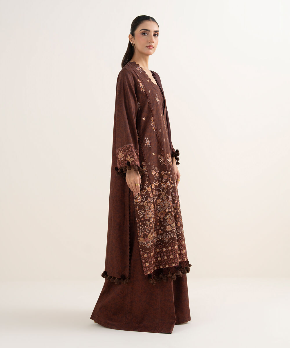 Women's Unstitched Embroidered Twill Brown 3 Piece Suit
