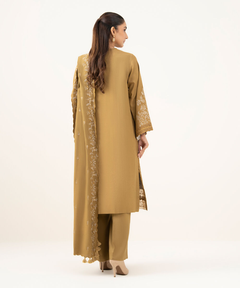 Women's Unstitched Embroidered Linen Dull Gold 3 Piece Suit