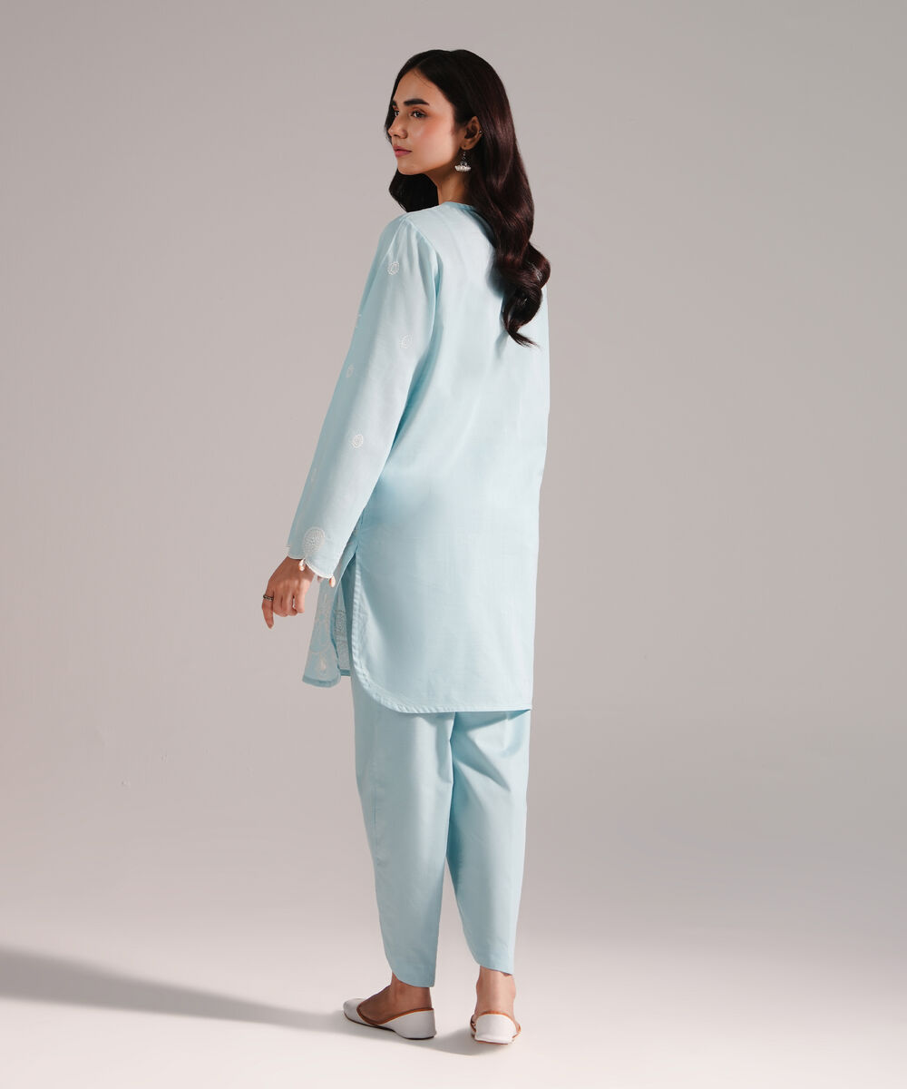 Women's RTW Crosshatch Embroidered Ice Blue Straight Shirt