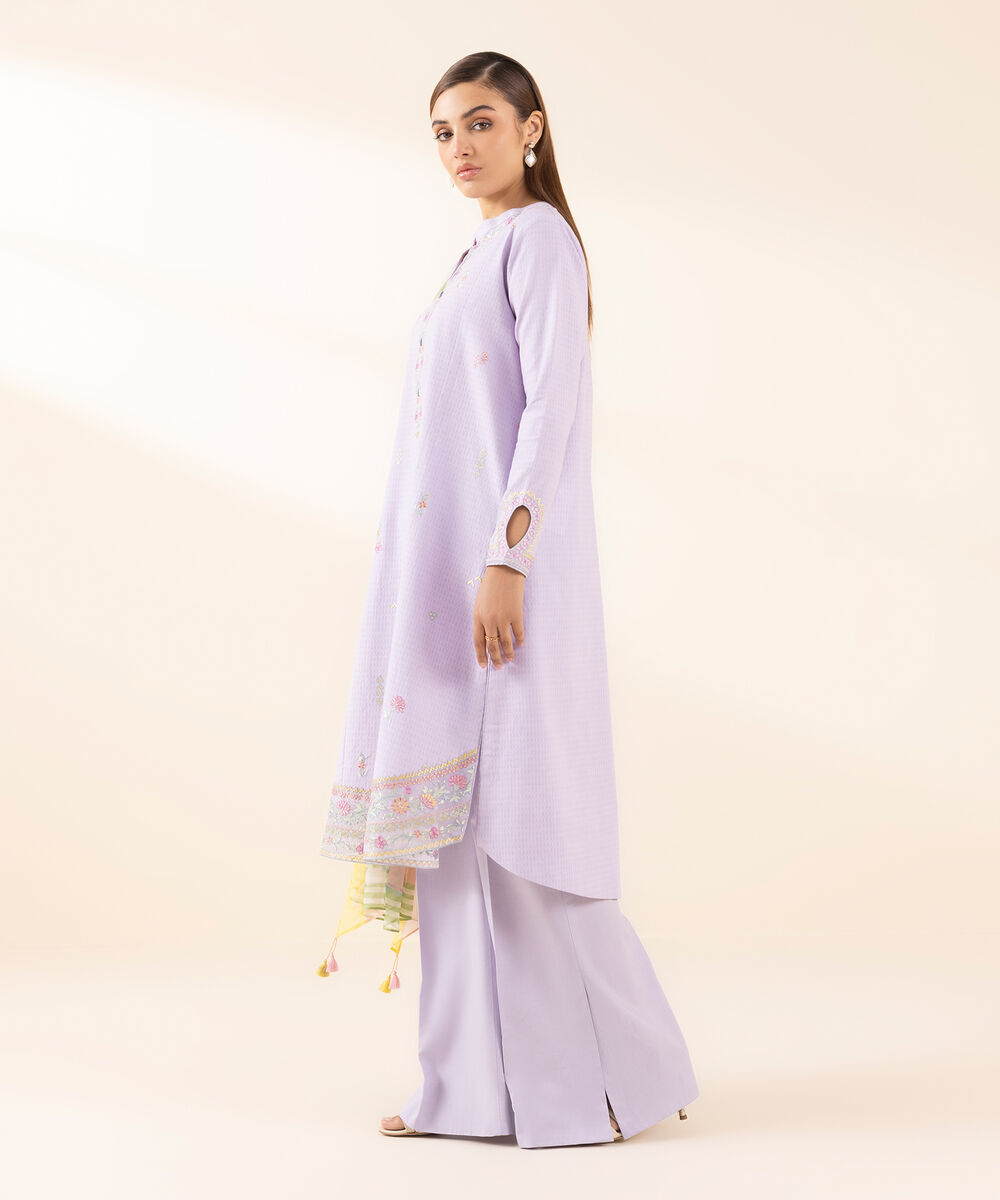 Women's Unstitched Dobby Embroidered Purple 3 Piece Suit