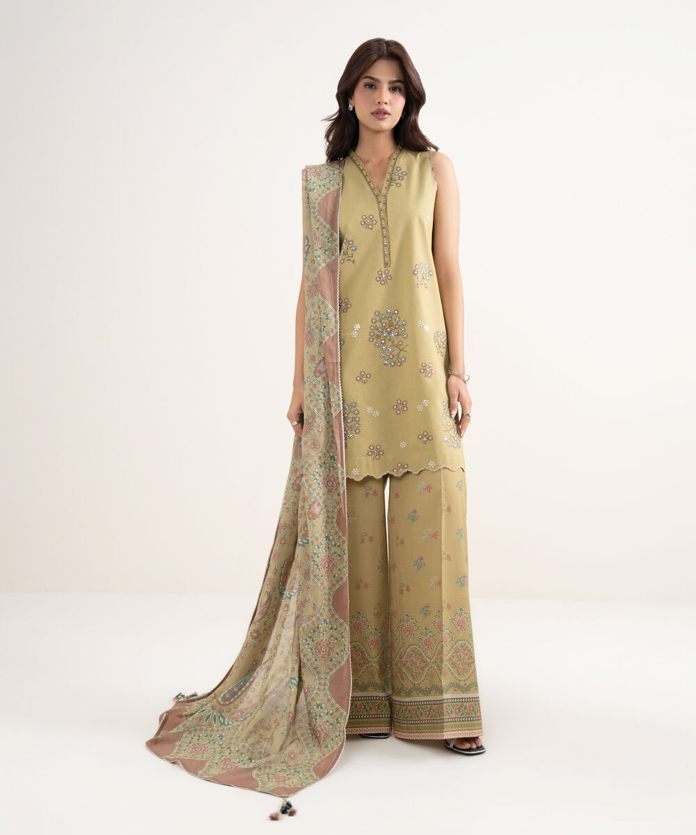 Women's Unstitched Textured Lawn Green Embroidered 3 Piece Suit