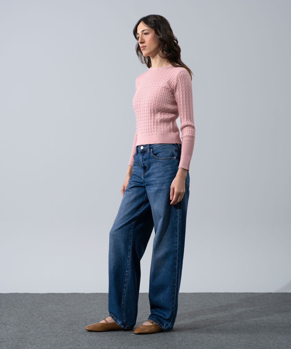 Women's Western Wear Pink Textured Cable-Knit Jumper