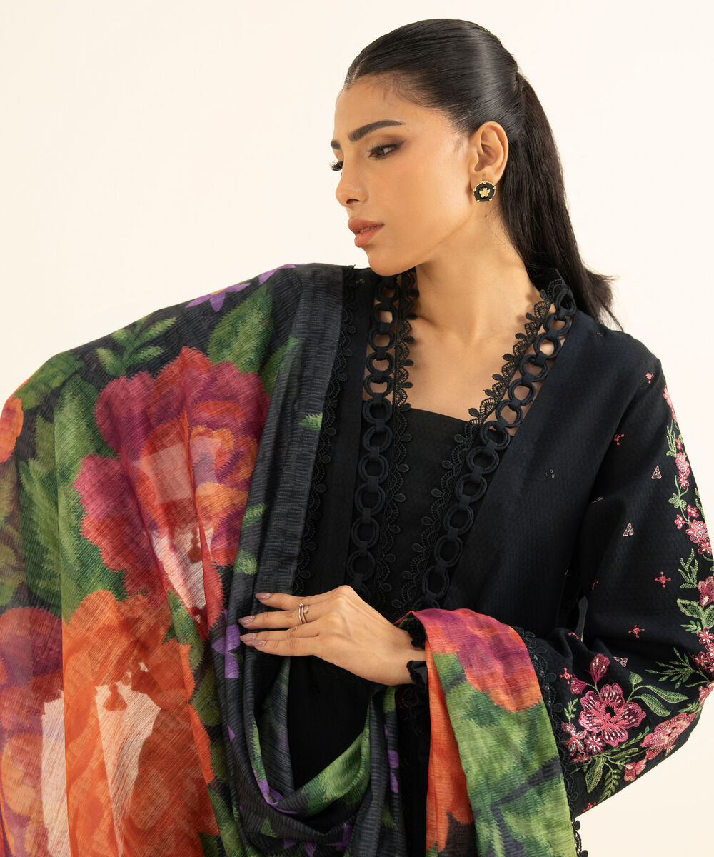 Women's Unstitched Dobby Embroidered BLACK 3 Piece Suit