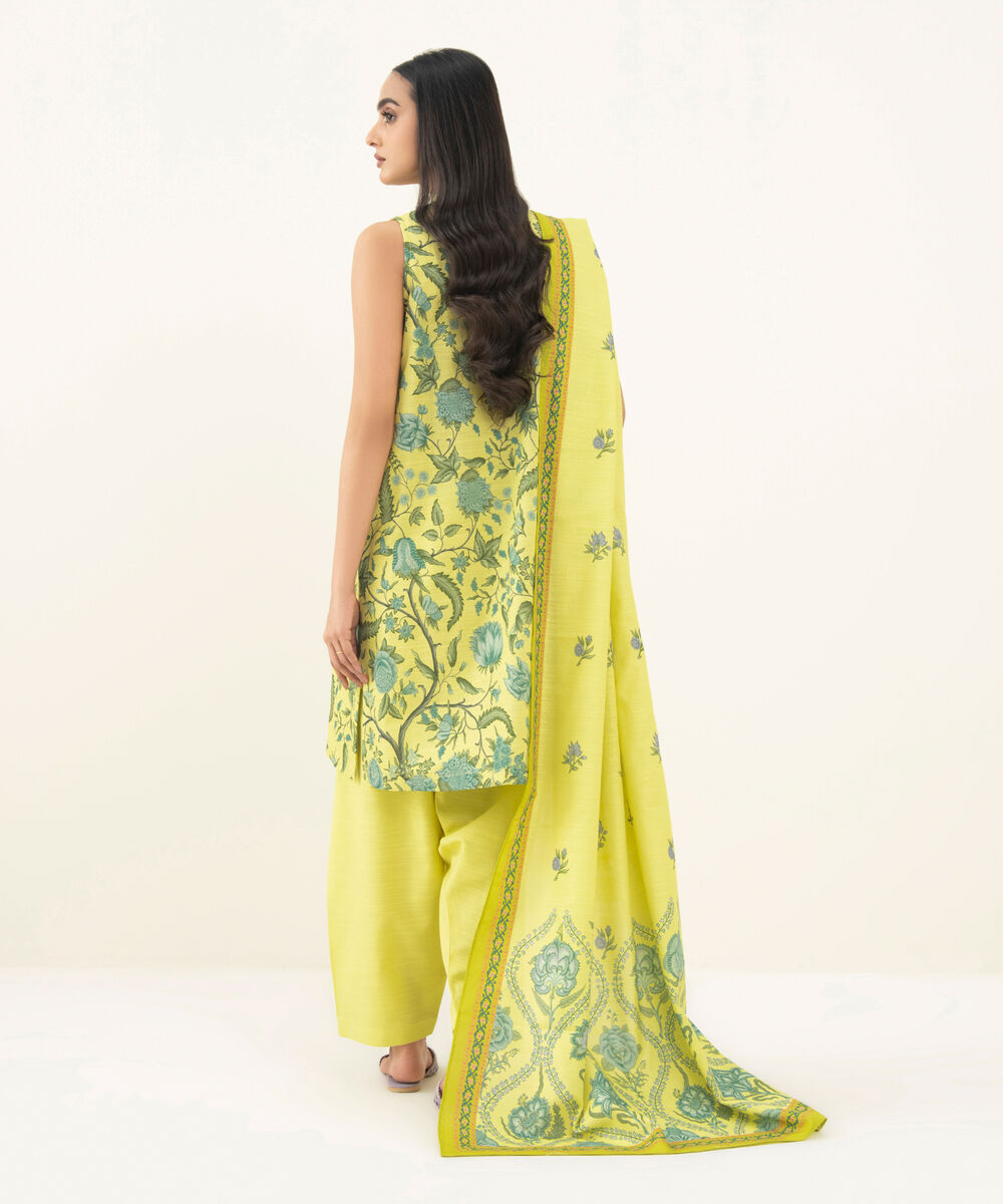 Women's Unstitched Printed Khaddar Yellow 3 Piece Suit