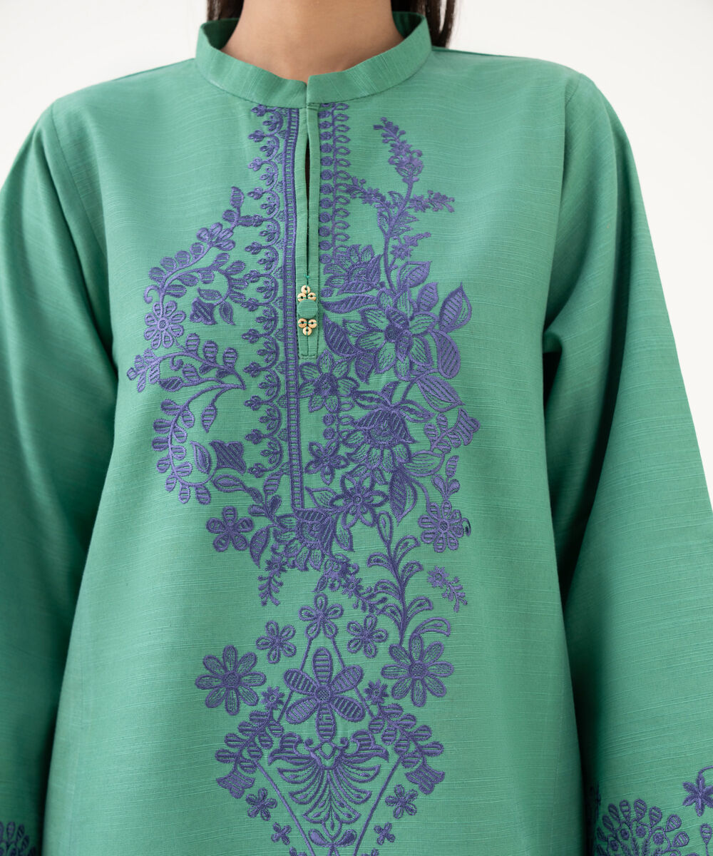 Women's Unstitched Light Khaddar Embroidered Green 3 Piece Suit