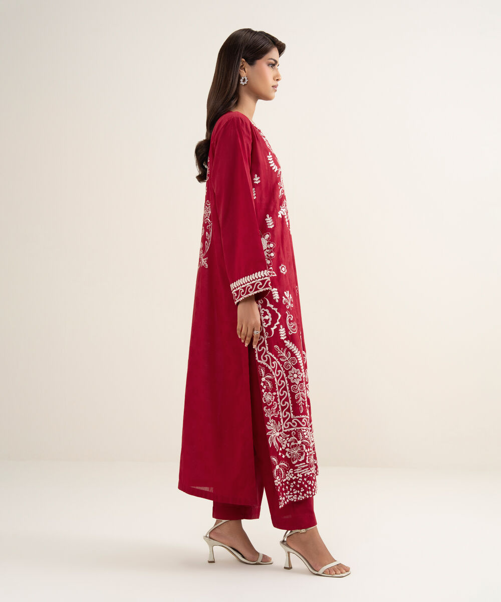 Women's RTW Self Jacquard Embroidered Red A-Line Shirt