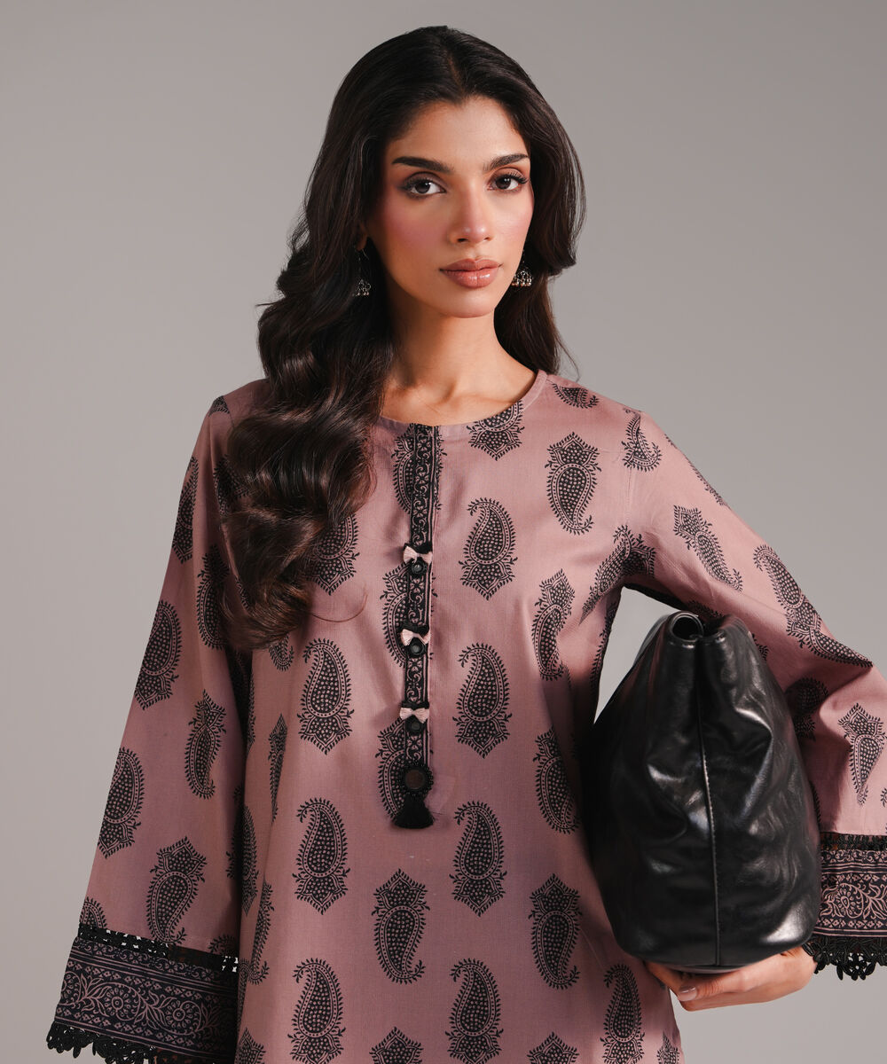 Women's RTW Textured Cotton Printed Muted Brown 2 Piece Suit