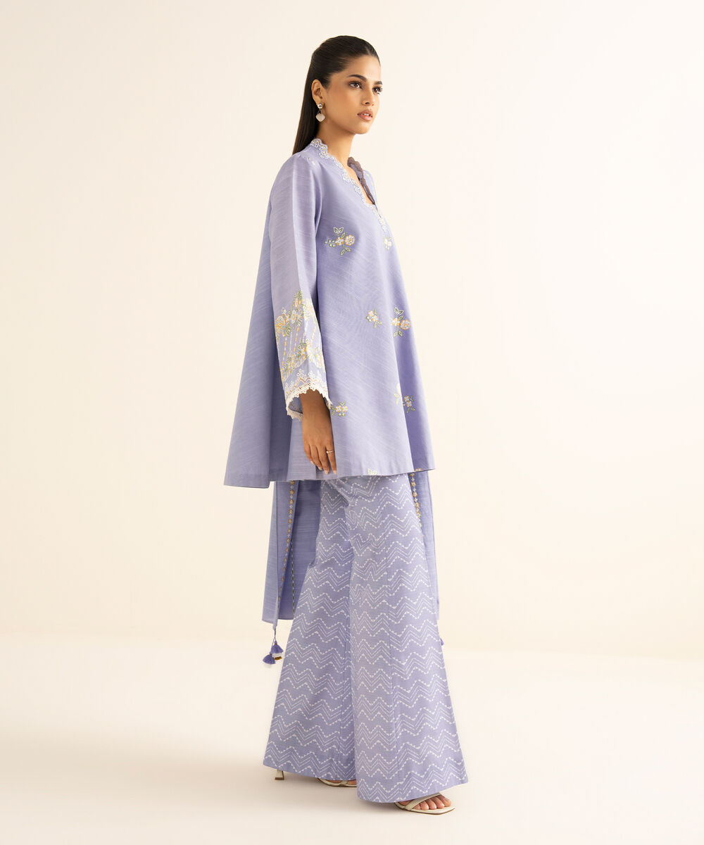 Women's Unstitched Cotton Embroidered Blue 3 Piece Suit