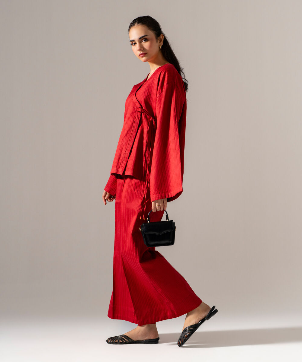 Women's RTW Dobby Strip Solid Red 2 Piece Suit
