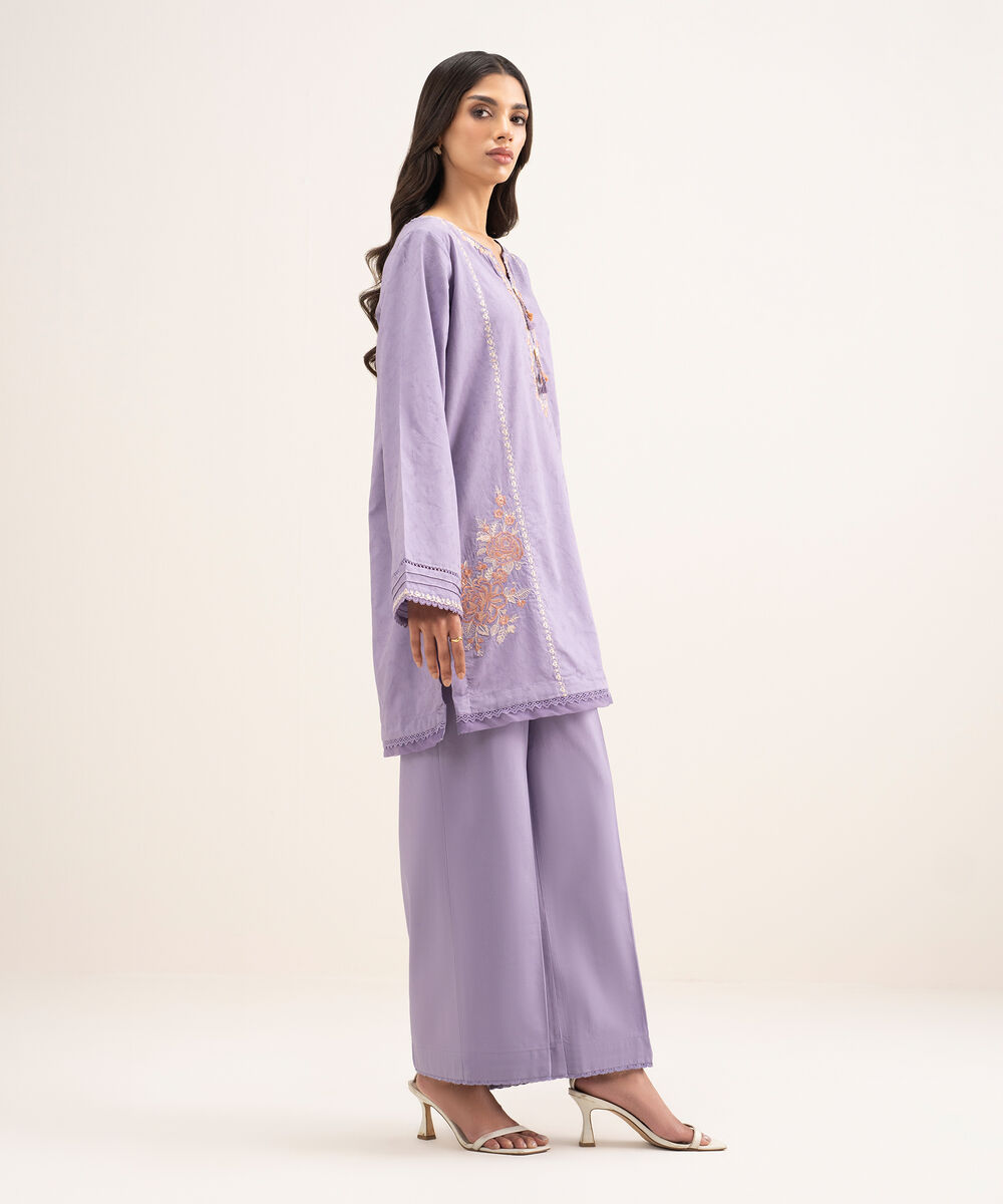 Women's RTW Self Jacquard Embroidered Purple Straight Shirt